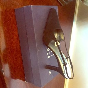 Black pile dress heels with rhinestones.